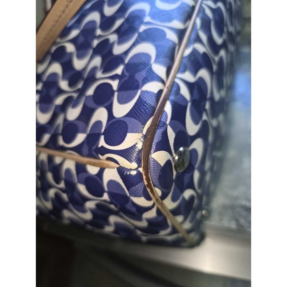 Coach Taylor Signature Tote Navy White Geometric C Logo Bag F25157 Tan Leather - Picture 5 of 10